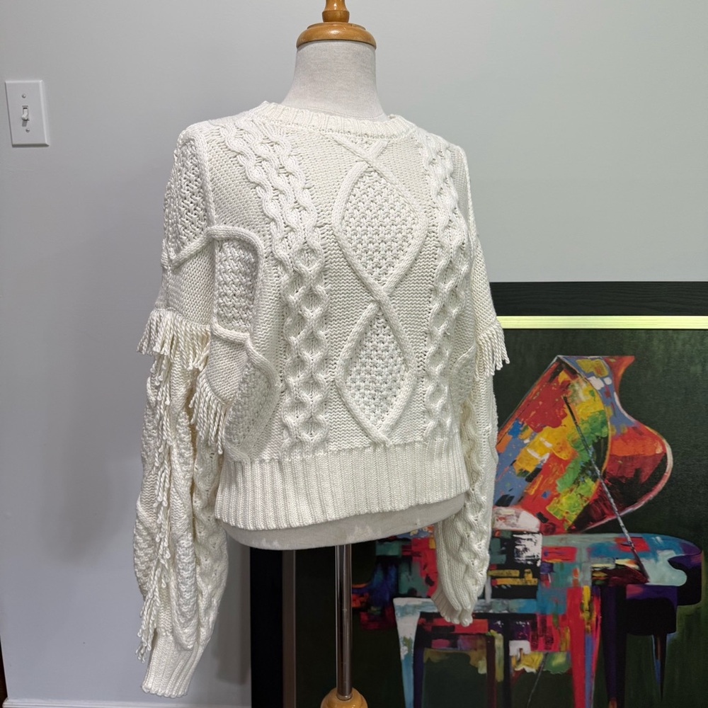 Buffalo David Bitton Cream Crew Neck Sweater with Intricate Cable Knit